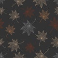 Line drawing maple leaves of different colors on gray background. Seamless autumn pattern. Royalty Free Stock Photo