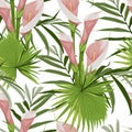 Illustration with pink ex0tic flowers. Beautiful seamless background with tropical plants on white. Royalty Free Stock Photo