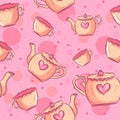 Tea mugs and teapot seamless pattern. Pink baby background with pottery and hearts