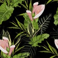 Illustration with pink exotic flowers. Beautiful seamless background with tropical plants on black. Royalty Free Stock Photo
