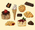 Colorful doodle set of sweets from ice cream, muffin, croissant, chocolate  on light yellow isolated background. Royalty Free Stock Photo