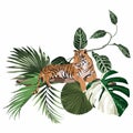 Wild tiger with decorative tropical plants Japan Tokyo concept. Modern mascot illustration for print design of clothes t shirt.