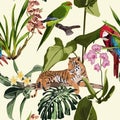 Exotic animal: tiger and parrot in the jungle pattern vintage background illustration seamless pattern.