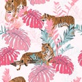 Exotic tiger animal in the jungle pattern with bright tropical leaves illustration seamless pattern.