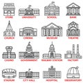 Government buildings icons set. Vector isolated outline illustrations Royalty Free Stock Photo