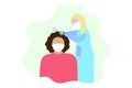 EPS 10 vector. Hairdresser is cutting hair of a woman. Both in face masks. Health care concept.