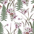 Tropical flowers and herbs seamless illustration. Simple herbal pattern with pink flowers and fern.