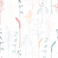 Seamless pattern with wild herbs and grasses. Thin delicate lines silhouettes of different plants. Royalty Free Stock Photo