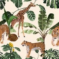 Exotic animal tiger and giraffe in the jungle, vintage beige background illustration seamless pattern.