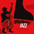 Jazz music festival poster with piano and contrabass flat vector illustration. Music background with music instruments, music fest Royalty Free Stock Photo