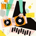 Music colorful background for dj mixing flat vector illustration. Artistic music festival poster, concert, creative design with pi Royalty Free Stock Photo