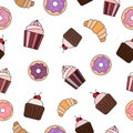 Colorful sweet bakery on white background. Seamless yummy pattern. Muffin with cherry, donut, croissant, cake with cream.