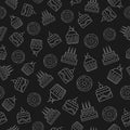 Bakery sweets on black background. Pie with cream, cupcake with cherry, donut. Seamless pattern.