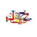 Jazz music typographic colorful background with trumpet vector illustration. Artistic music festival poster, live concert, creativ