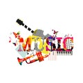 Music typographic colorful background with trumpet, guitar and piano vector illustration. Artistic music festival poster, live con Royalty Free Stock Photo