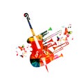 Colorful music background poster with violoncello, trumpet and music notes. Music festival poster with creative cello design vecto