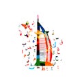 Colorful Dubai vector illustration design. Famous Dubai hotel. Travel and tourism background