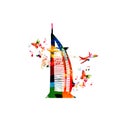 Colorful Dubai vector illustration design. Famous Dubai hotel. Travel and tourism background