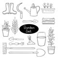 Line drawing set of gardening equipment on white isolated background. Pots with flowers and plants, boots, rake, shovel, watering