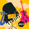 Jazz music festival colorful poster with music instruments. Saxophone, violoncello, piano and music stand flat vector illustration Royalty Free Stock Photo