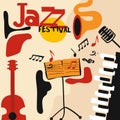Jazz music festival colorful poster with music instruments. Saxophone, guitar, piano, microphone and music stand flat vector illus Royalty Free Stock Photo