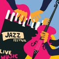 Jazz music festival colorful poster with music instruments. Piano and violoncello player flat vector illustration. Jazz concert Royalty Free Stock Photo