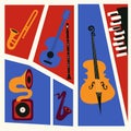 Jazz music festival poster with music instruments. Saxophone, trumpet, guitar, violoncello, piano and clarinet flat vector illustr Royalty Free Stock Photo