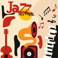Jazz music festival poster with music instruments. Saxophone, guitar and piano with music notes flat vector illustration. Jazz con Royalty Free Stock Photo