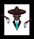 Mexican sugar skull with ornament sombrero, tuxedo and pistols vector background