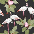 Seamless pattern with white flamingos and pink green magnolia flowers branch with leaves. Simple design for fabric. Royalty Free Stock Photo