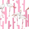 Seamless pattern with white flamingos and pink cacti silhouette. Simple design for fabric. Light pattern.