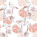 Seamless pattern with white flamingos and tropical orchid flowers and orange monstera leaves. Simple design to fabric.