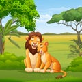 Cartoon family lion in the jungle Royalty Free Stock Photo