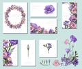 Floral spring templates with elegant bunches of violet purple pink Eustoma Lisianthus and Freesia.