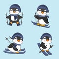 Set of Kawaii penguin skiing in winter.