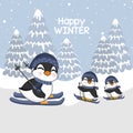 Happy winter greeting card.Penguins cartoon skiing.