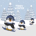 Happy winter greeting card.Penguins cartoon skiing.