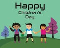 Illustration vector graphic of children holding hands in the garden show tree color Royalty Free Stock Photo