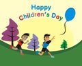 Illustration vector graphic of children chasing loose balloons in the garden