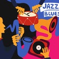 Jazz music festival colorful poster with music instruments. Saxophone and drum player with gramophone flat vector illustration. Ja Royalty Free Stock Photo
