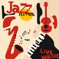 Jazz music festival poster with music instruments. Saxophone, guitar and piano with music notes flat vector illustration. Jazz con Royalty Free Stock Photo