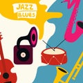 Jazz music festival poster with music instruments. Saxophone, trumpet, guitar, drum and gramophone flat vector illustration. Jazz Royalty Free Stock Photo