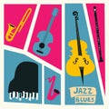 Jazz music festival poster with music instruments. Saxophone, trumpet, guitar, violoncello, piano and clarinet flat vector illustr Royalty Free Stock Photo