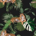 Exotic animal tiger in the jungle pattern vintage black background illustration seamless pattern.