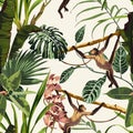 Seamless pattern with monstera, liana, leaves, orchid flowers and monkey animals.