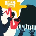 Jazz music festival poster with music instruments. Saxophone and piano flat vector illustration. Jazz concert poster with men play Royalty Free Stock Photo