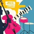 Jazz music festival poster with music instruments. Piano, violoncello and cymbals flat vector illustration. Jazz concert poster wi Royalty Free Stock Photo