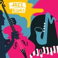 Jazz music festival poster with music instruments. Saxophone, piano and violoncello flat vector illustration. Jazz concert poster Royalty Free Stock Photo