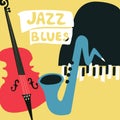 Jazz music festival poster with music instruments. Saxophone, piano and violoncello flat vector illustration. Jazz concert Royalty Free Stock Photo