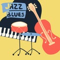 Jazz music festival poster with music instruments. Piano, violoncello and cymbals flat vector illustration. Jazz concert Royalty Free Stock Photo